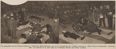 874743 Collage van 2 foto's betreffende de EHBO-wedstrijden, georganiseerd door de Utrechtsche Reddingsbrigade, bij ...